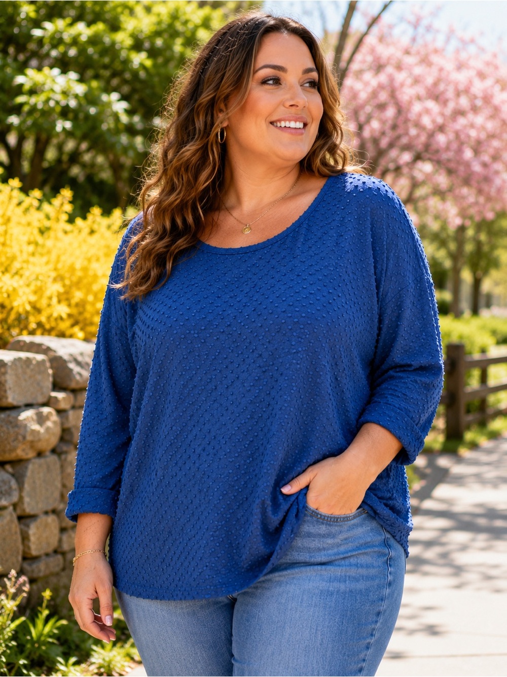 CJ Banks Cobalt Blue Long Sleeve Textured Scoop Neck Tunic Dress